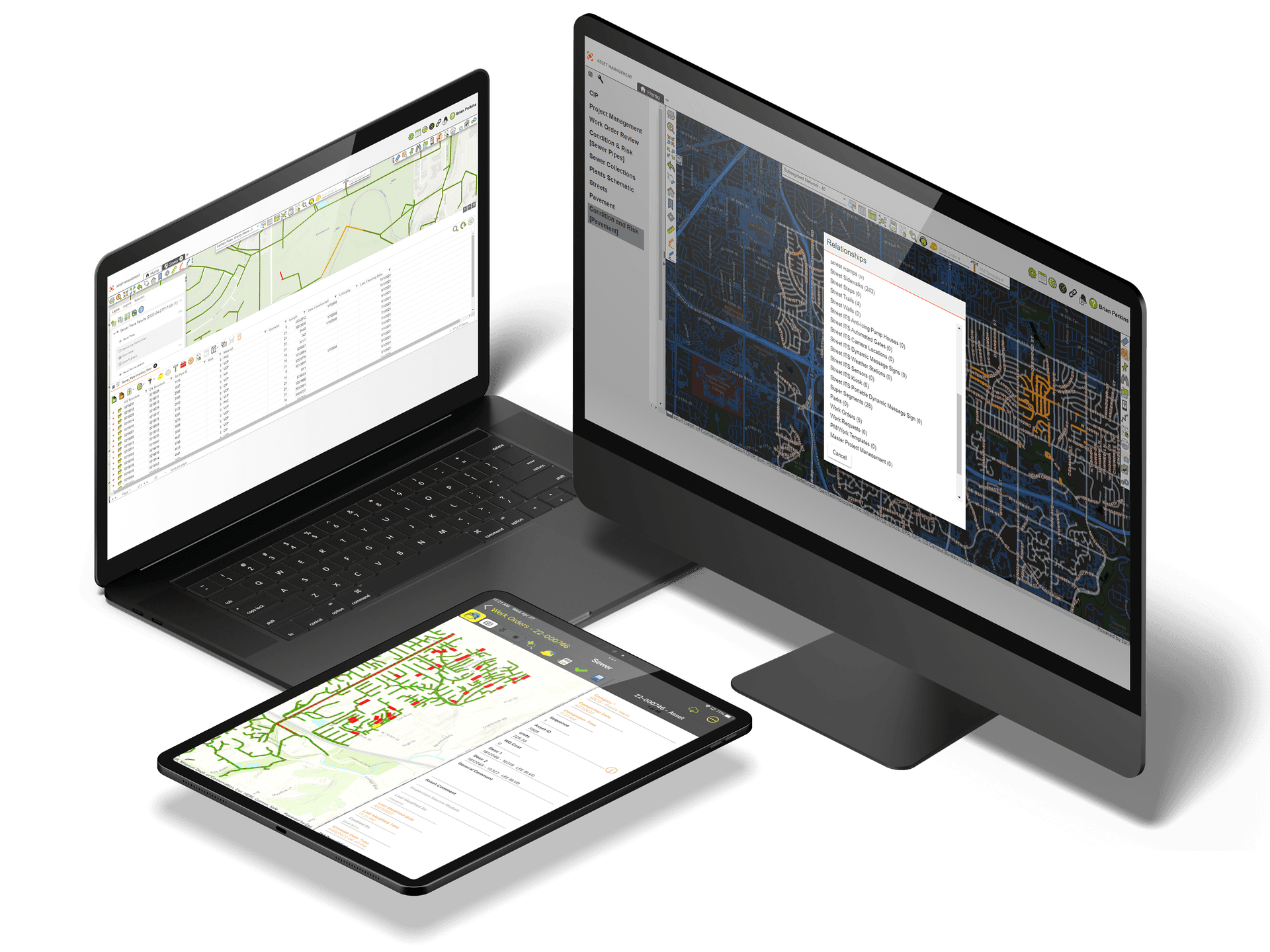 A desktop, laptop and tablet display different views of CentralSquare's versatile Enterprise Asset Management solution.